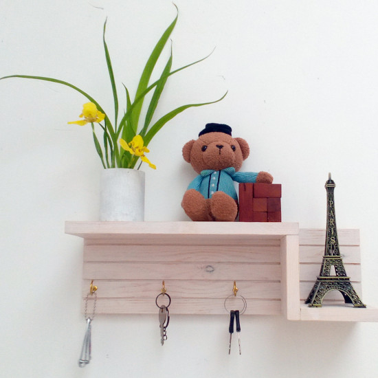 Wooden Wall Decorative Shelf With Key Hooks.